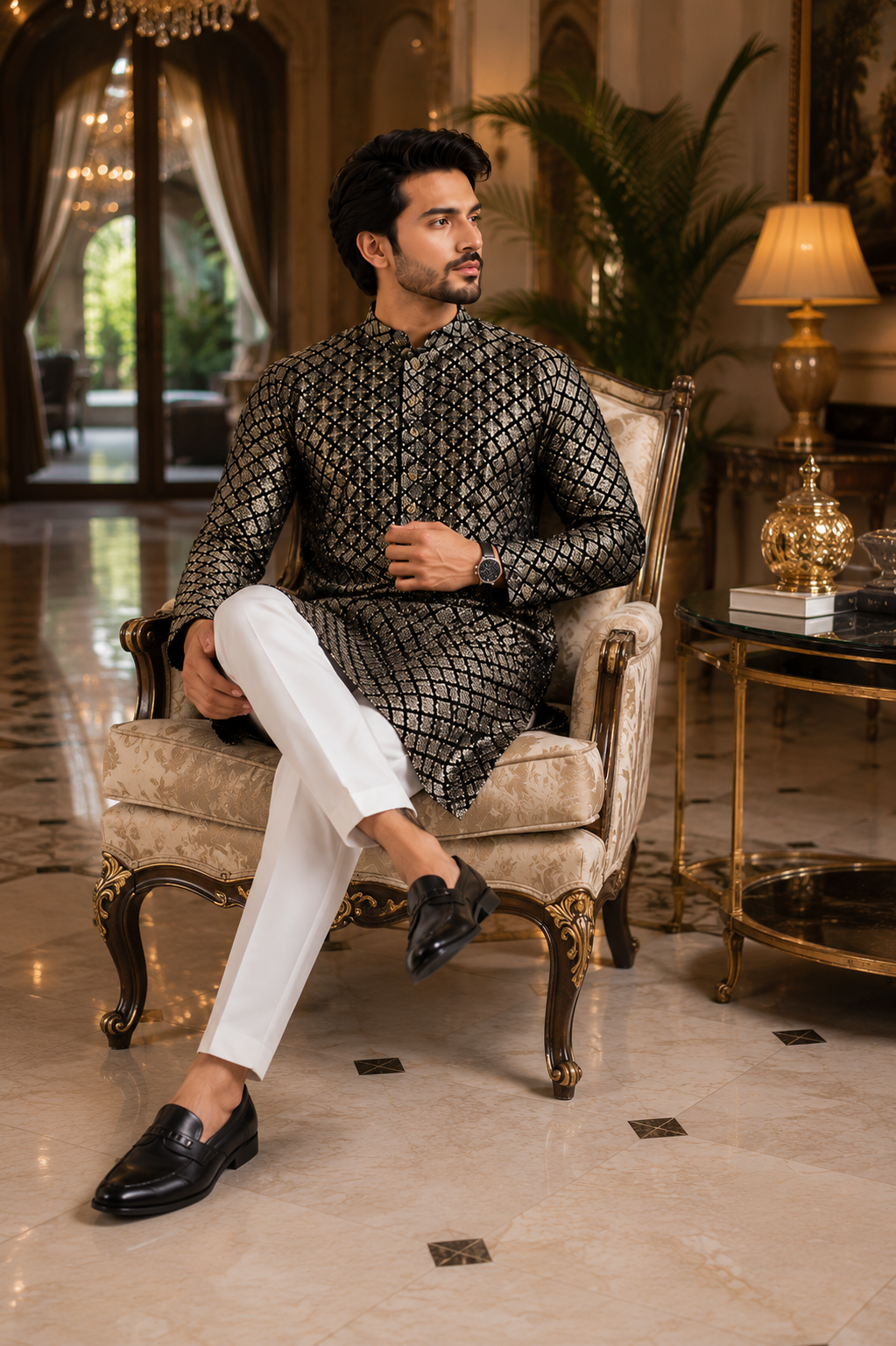 ShreeVastram Black & Gold Diamond Pattern Kurta Set